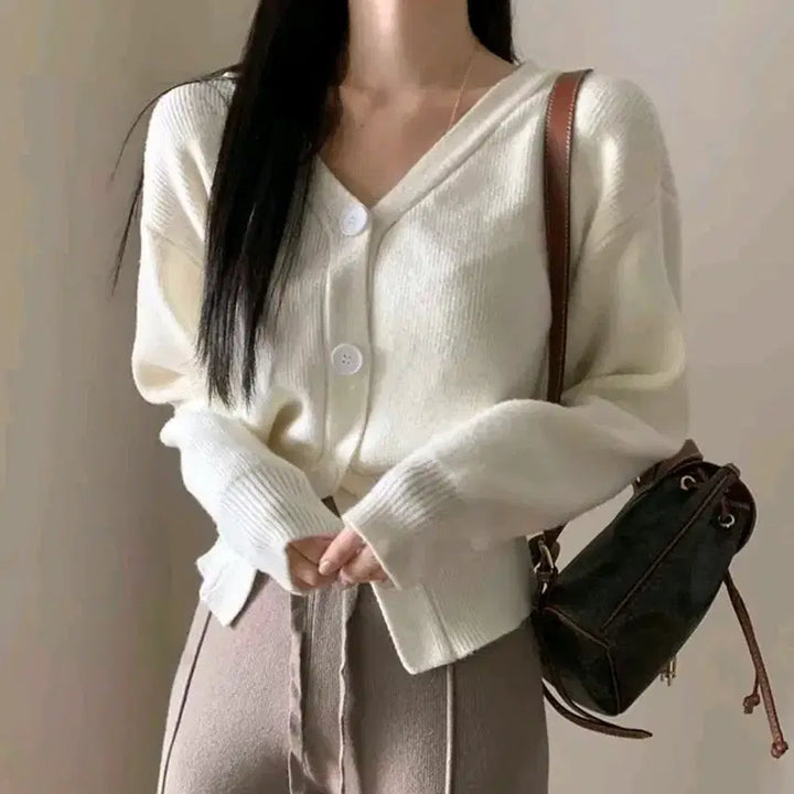 [BUNJANG] Ivory V-Neck Knit Cardigan / 아이보리 브이넥 허리쏙 니트 가디건