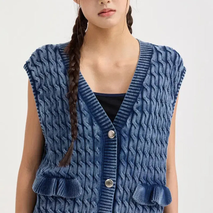[BUNJANG] Lucky Chouette Washed Cable Knit Vest Navy / 25년 럭키슈에뜨 워시드 케이블 니트 베스트 조끼 네이비 프릴 꽈배기