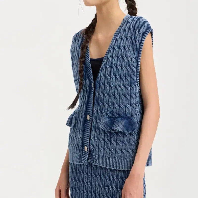 [BUNJANG] Lucky Chouette Washed Cable Knit Vest Navy / 25년 럭키슈에뜨 워시드 케이블 니트 베스트 조끼 네이비 프릴 꽈배기