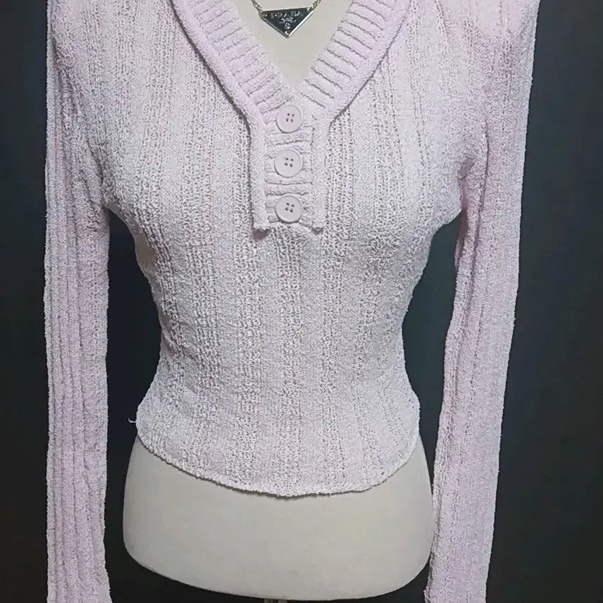 [BUNJANG] Pink Shoulder Pad Knit Crop Top / 핑크 어깨패드 니트 크롭 긴팔