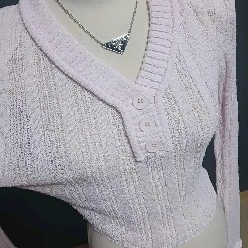 [BUNJANG] Pink Shoulder Pad Knit Crop Top / 핑크 어깨패드 니트 크롭 긴팔