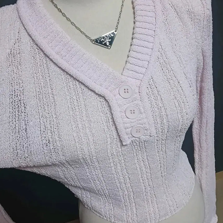 [BUNJANG] Pink Shoulder Pad Knit Crop Top / 핑크 어깨패드 니트 크롭 긴팔
