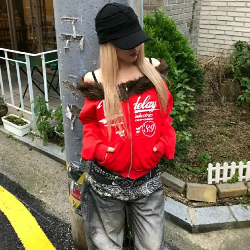 [BUNJANG] Red Off-Shoulder Zip-Up Jacket / (택포) 새옷 레드 오프숄더 집업 빨간색 퍼집업 y2k 갸루