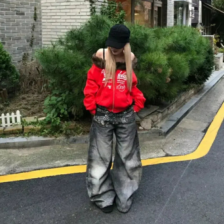 [BUNJANG] Red Off-Shoulder Zip-Up Jacket / (택포) 새옷 레드 오프숄더 집업 빨간색 퍼집업 y2k 갸루