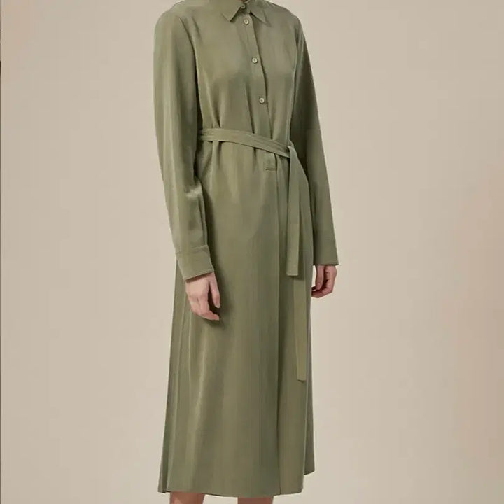[BUNJANG] TheCashmere Belted Dress Khaki / 한섬 더캐시미어 백 플리츠 벨티드 드레스 벨트 셔츠 롱 원피스 카키