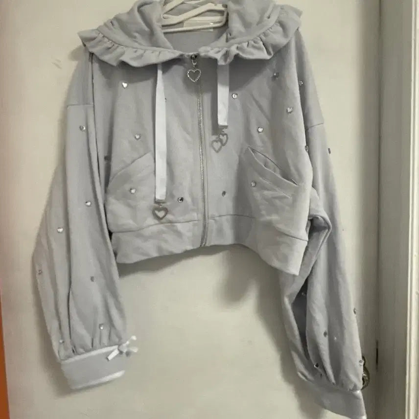 [BUNJANG] Crop Hoodie Set / 레이스 프릴 하트 장식 크롭 후드집업 셋업(양산형 로리타 마즈 리즈리사)