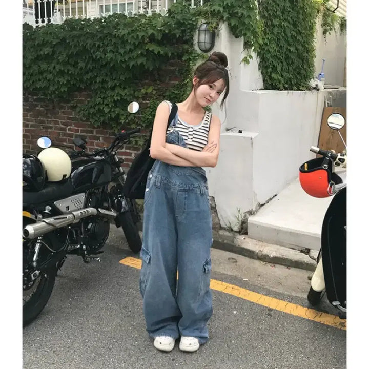 [BUNJANG] 지그재그 클로맨틱 루즈멜 와이드 멜빵바지 M / 지그재그 클로맨틱 루즈멜 와이드 멜빵바지 M