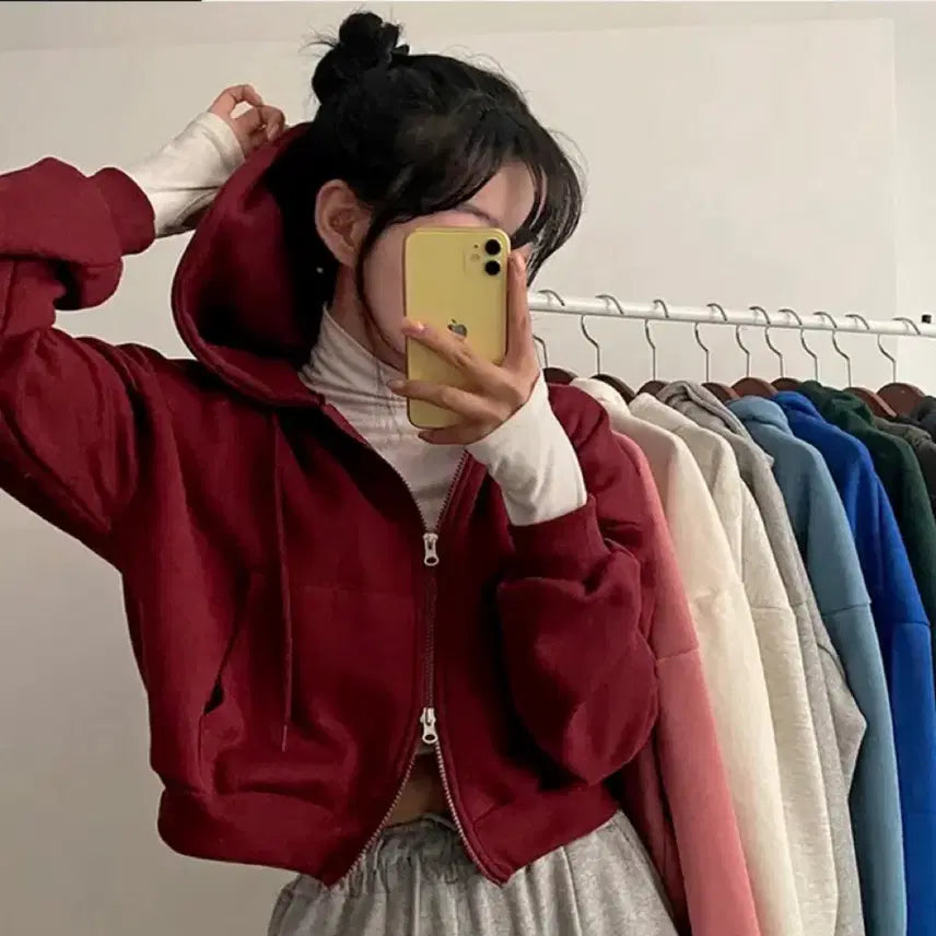 [BUNJANG] Gift Box Two-Way Fleece Hoodie / 기프트 박스 무지 투웨이 기모 후드집업 에이블리 지그재그