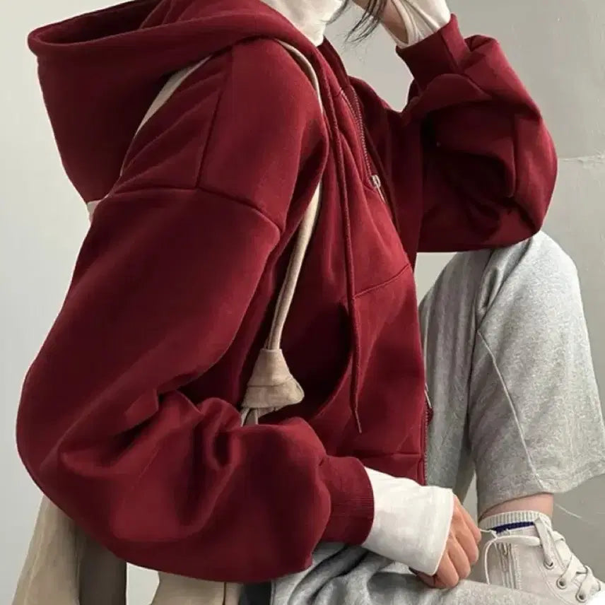 [BUNJANG] Gift Box Two-Way Fleece Hoodie / 기프트 박스 무지 투웨이 기모 후드집업 에이블리 지그재그