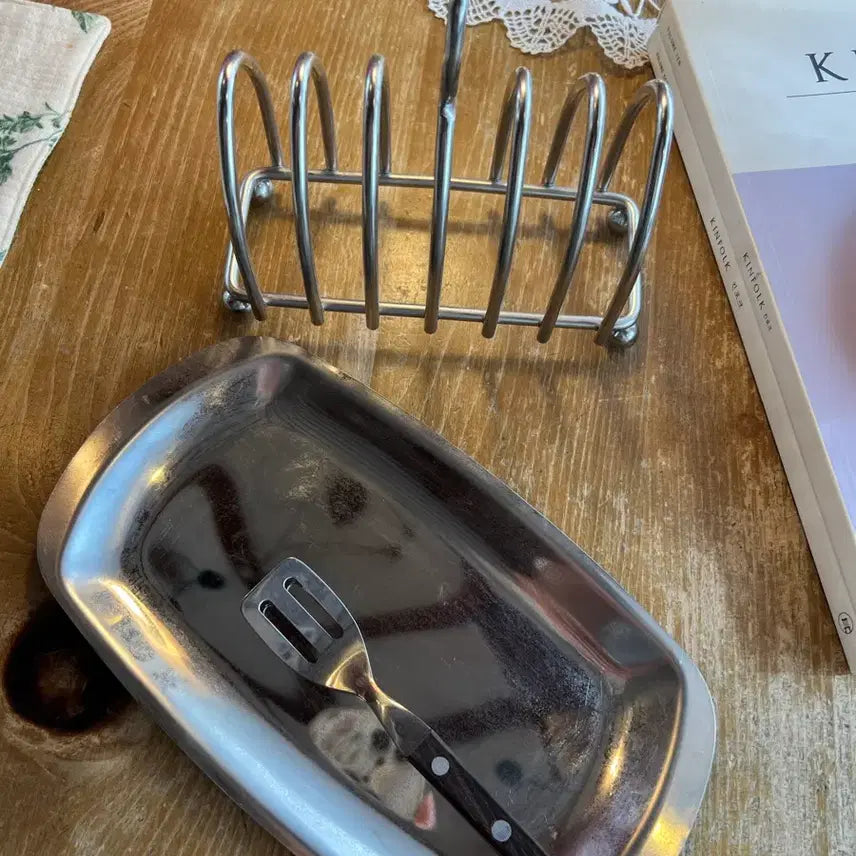 [BUNJANG] Vintage British Mid-Century Stainless Steel Toast Rack &amp; Tray Set / 영국 빈티지 미드센츄리 토스트렉&amp;트레이