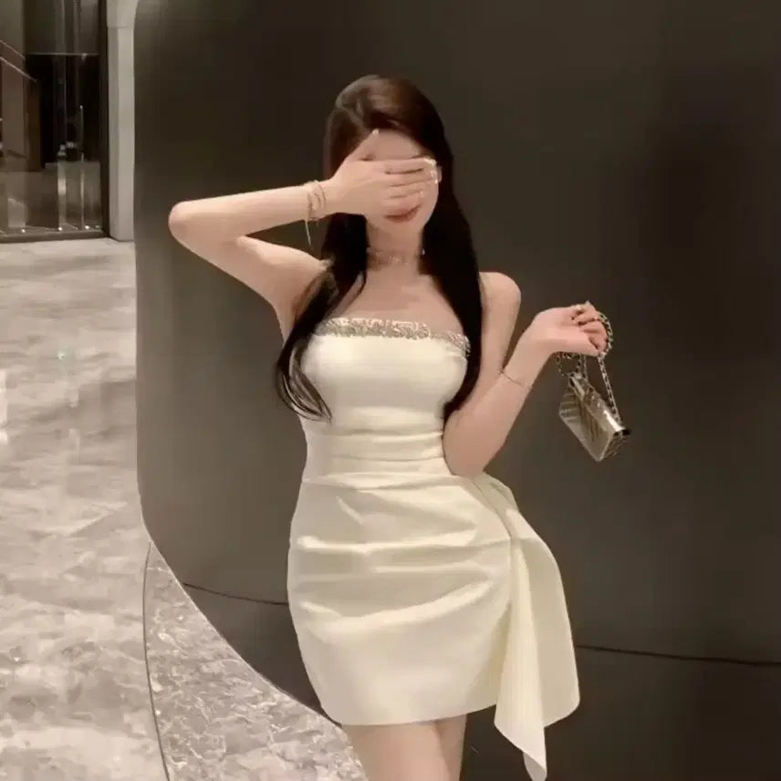 [BUNJANG] Imported Cubic Shirring Tube Top Dress / 새상품! 수입 큐빅 셔링 언발 튜브탑원피스 수입의류 블링 마켓 플립 명품