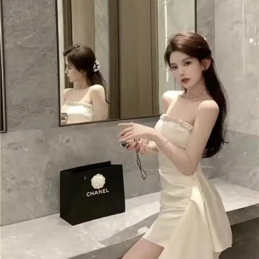[BUNJANG] Imported Cubic Shirring Tube Top Dress / 새상품! 수입 큐빅 셔링 언발 튜브탑원피스 수입의류 블링 마켓 플립 명품
