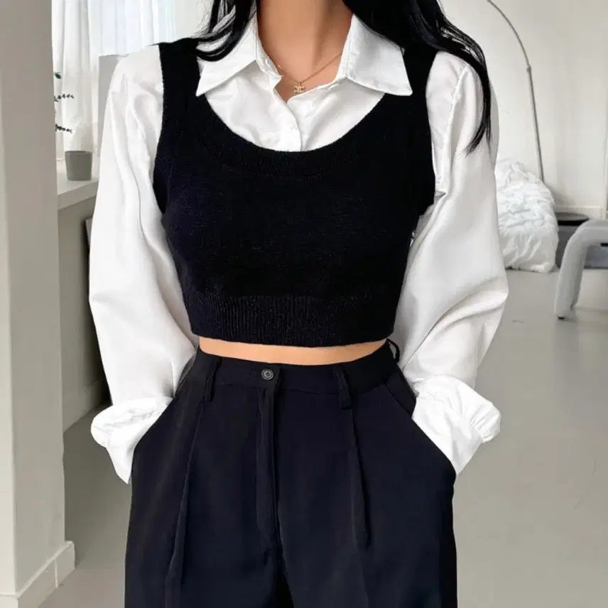 [BUNJANG] White Shirt and Black Knit Vest Set / 흰색셔츠 검정니트조끼 세트