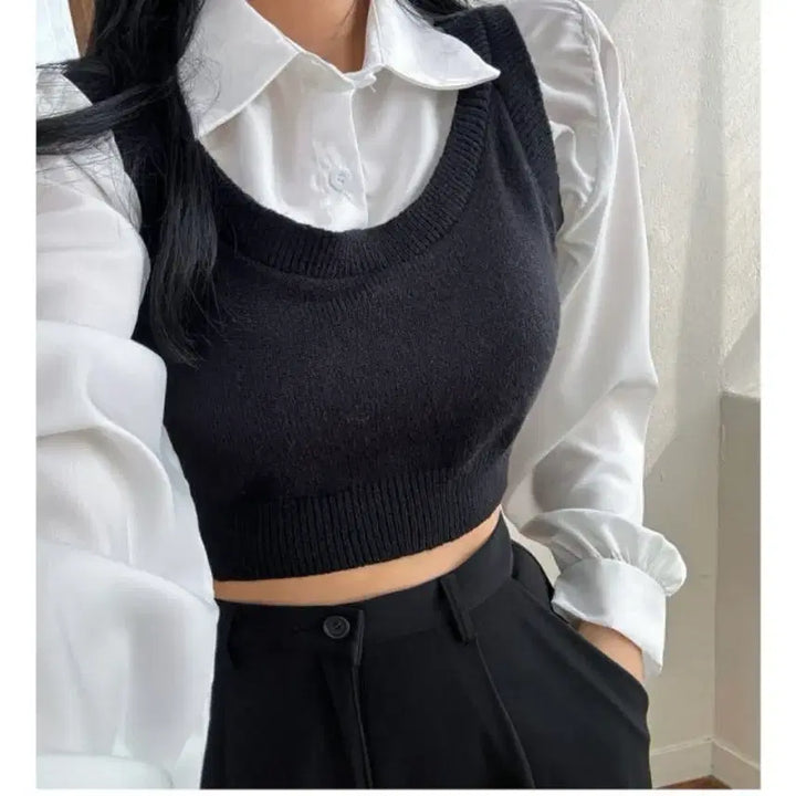 [BUNJANG] White Shirt and Black Knit Vest Set / 흰색셔츠 검정니트조끼 세트