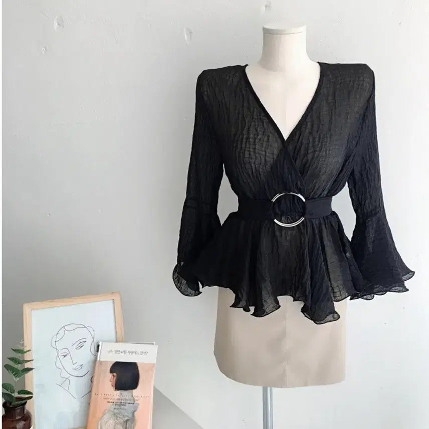 [BUNJANG] Import V-Neck Wrap Blouse with Ring Belt Set / 택도안땜!수입 브이넥 랩 블라우스 링벨트세트 블링 마켓 플립 벨트블라우스