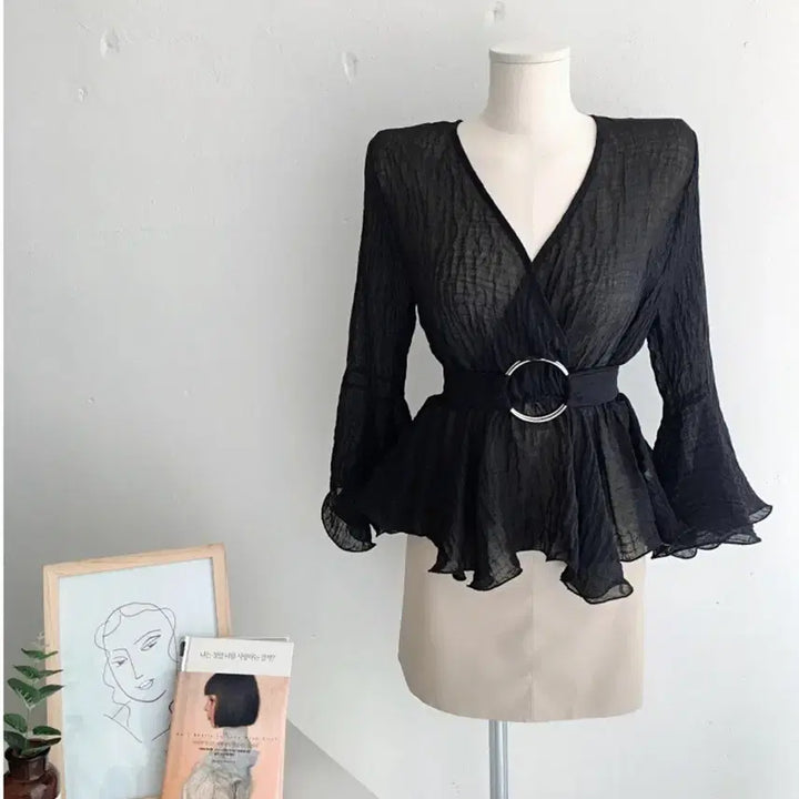 [BUNJANG] Import V-Neck Wrap Blouse with Ring Belt Set / 택도안땜!수입 브이넥 랩 블라우스 링벨트세트 블링 마켓 플립 벨트블라우스