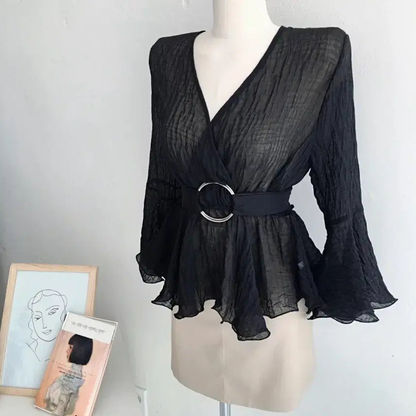 [BUNJANG] Import V-Neck Wrap Blouse with Ring Belt Set / 택도안땜!수입 브이넥 랩 블라우스 링벨트세트 블링 마켓 플립 벨트블라우스