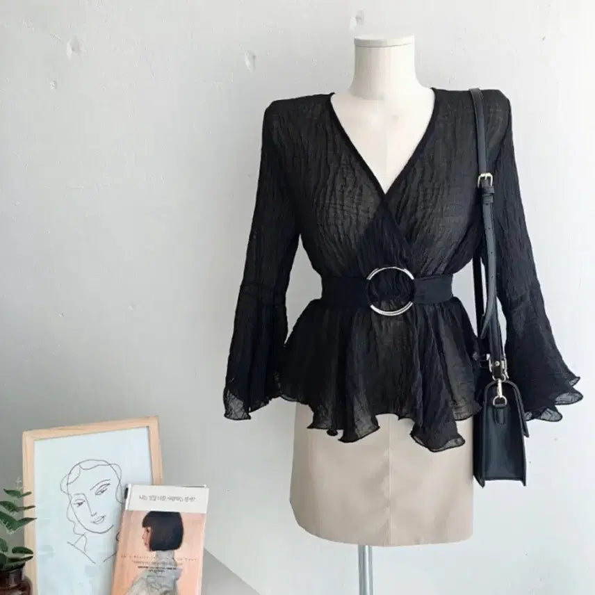 [BUNJANG] Import V-Neck Wrap Blouse with Ring Belt Set / 택도안땜!수입 브이넥 랩 블라우스 링벨트세트 블링 마켓 플립 벨트블라우스