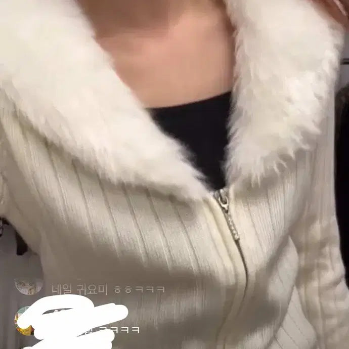 [BUNJANG] Layerloom White Fur Knit Zip-Up Jacket / 화이트 퍼 니트 집업 자켓 레이어룸 갸루