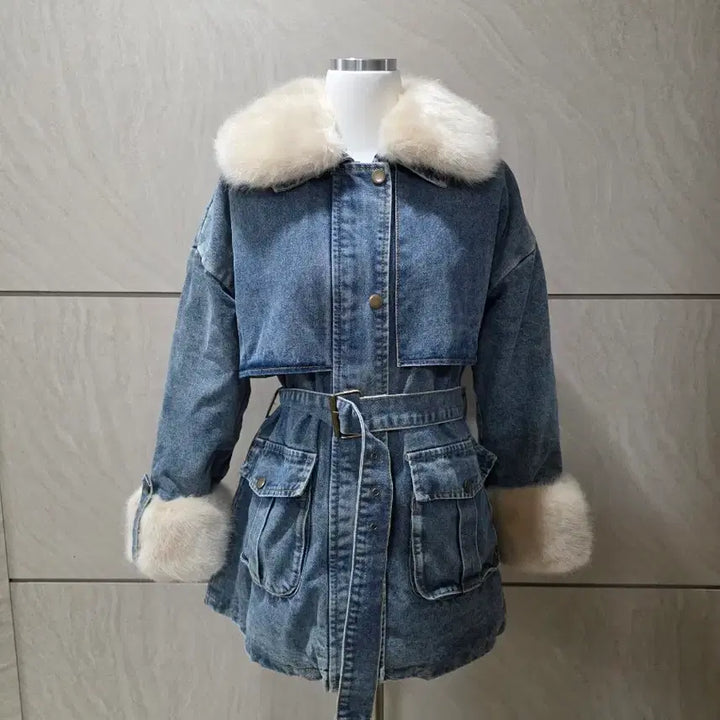 [BUNJANG] Oversized Denim Mouton Jacket (Fur Lining) / 퍼 데님 오버핏 무스탕 (퍼안감/벨트포함) 55~77