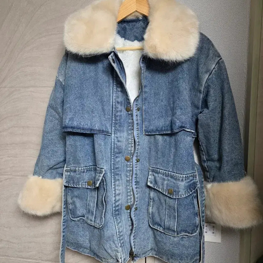 [BUNJANG] Oversized Denim Mouton Jacket (Fur Lining) / 퍼 데님 오버핏 무스탕 (퍼안감/벨트포함) 55~77
