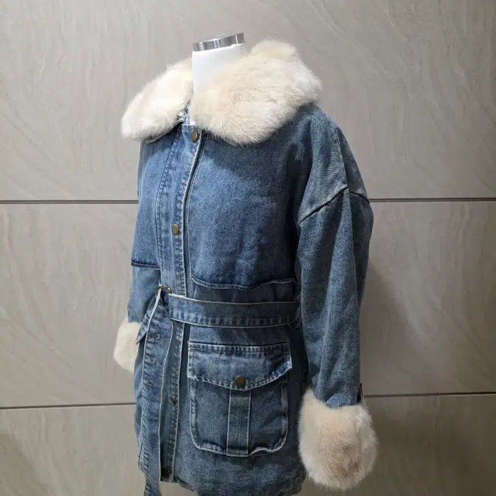 [BUNJANG] Oversized Denim Mouton Jacket (Fur Lining) / 퍼 데님 오버핏 무스탕 (퍼안감/벨트포함) 55~77
