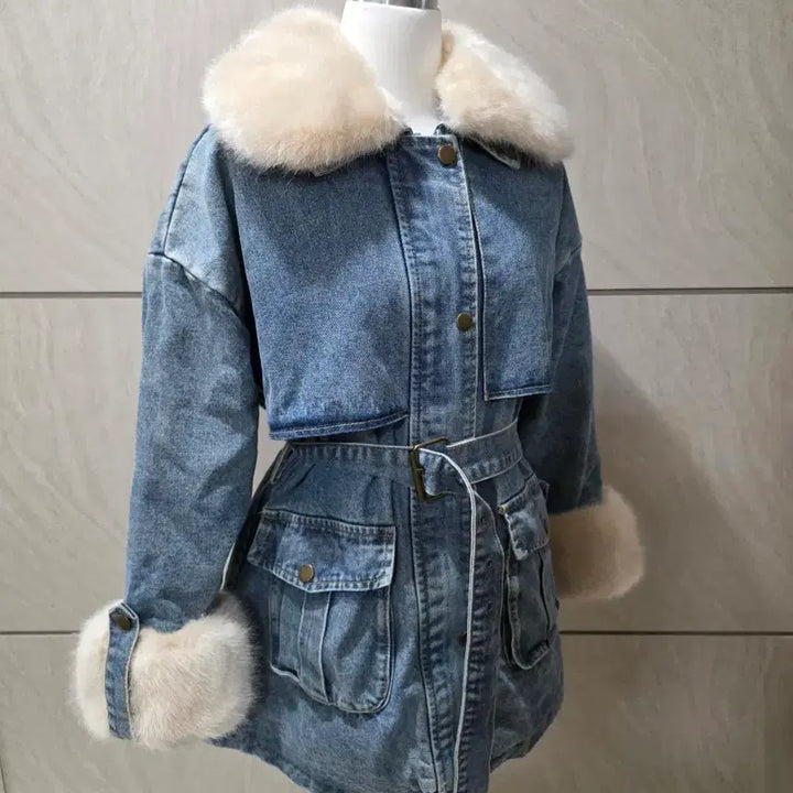 [BUNJANG] Oversized Denim Mouton Jacket (Fur Lining) / 퍼 데님 오버핏 무스탕 (퍼안감/벨트포함) 55~77