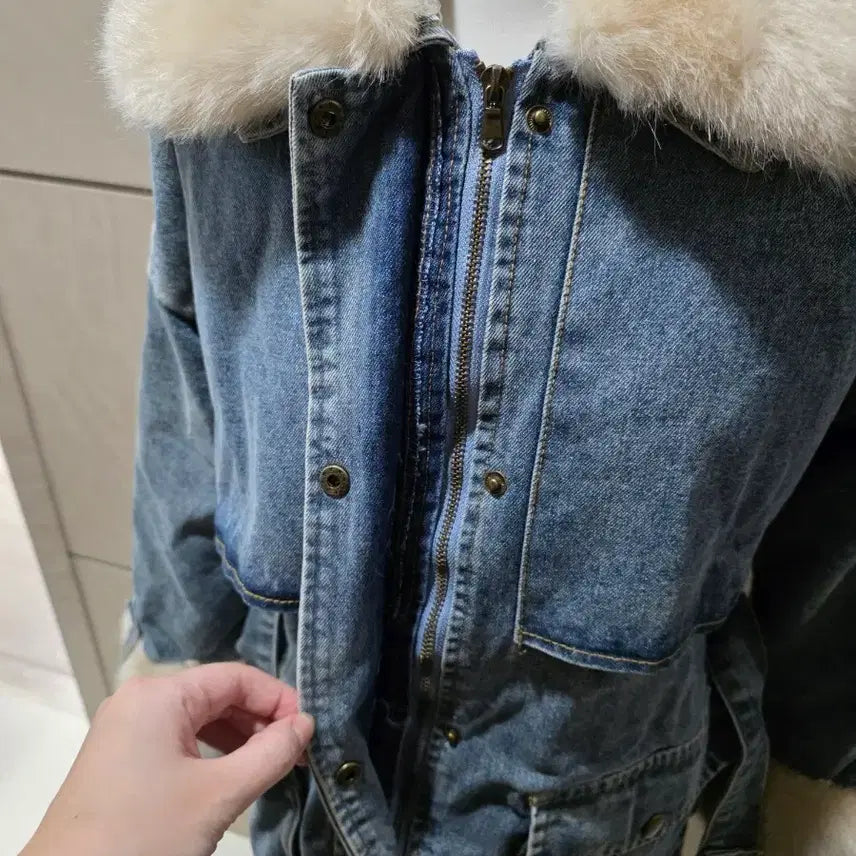 [BUNJANG] Oversized Denim Mouton Jacket (Fur Lining) / 퍼 데님 오버핏 무스탕 (퍼안감/벨트포함) 55~77