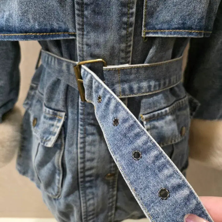 [BUNJANG] Oversized Denim Mouton Jacket (Fur Lining) / 퍼 데님 오버핏 무스탕 (퍼안감/벨트포함) 55~77