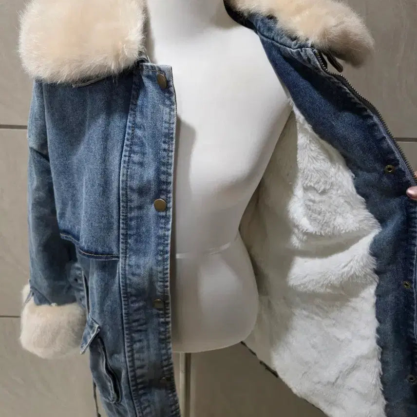 [BUNJANG] Oversized Denim Mouton Jacket (Fur Lining) / 퍼 데님 오버핏 무스탕 (퍼안감/벨트포함) 55~77