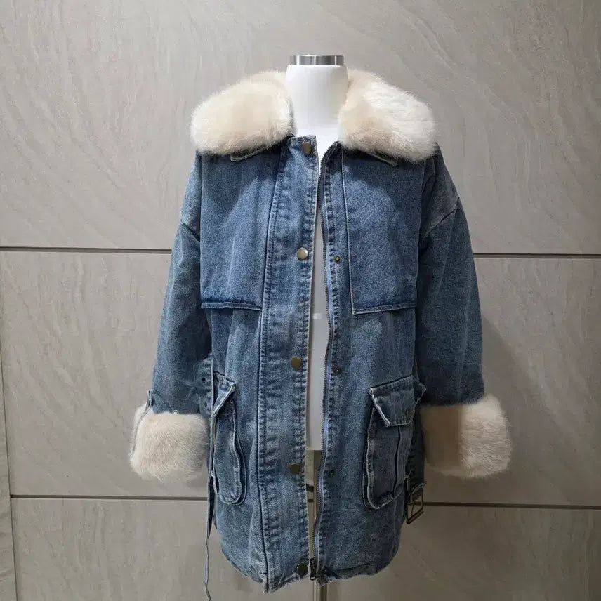 [BUNJANG] Oversized Denim Mouton Jacket (Fur Lining) / 퍼 데님 오버핏 무스탕 (퍼안감/벨트포함) 55~77