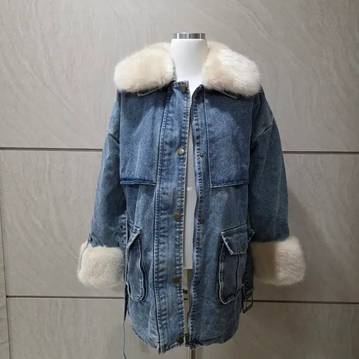 [BUNJANG] Oversized Denim Mouton Jacket (Fur Lining) / 퍼 데님 오버핏 무스탕 (퍼안감/벨트포함) 55~77
