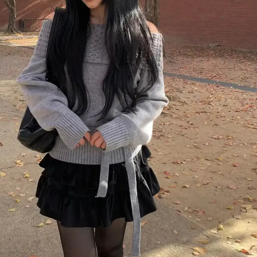 [BUNJANG] Off-Shoulder Knit Top with Scarf / 오프숄더 니트 긴팔 회색+머플러