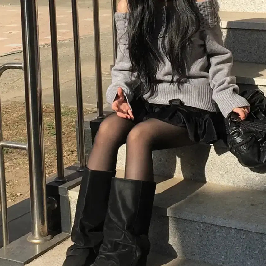 [BUNJANG] Off-Shoulder Knit Top with Scarf / 오프숄더 니트 긴팔 회색+머플러