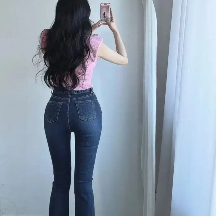 [BUNJANG] High-Waist Bootcut Jeans with Hip Padding / 새상품) 골반뽕 부츠컷 진청
