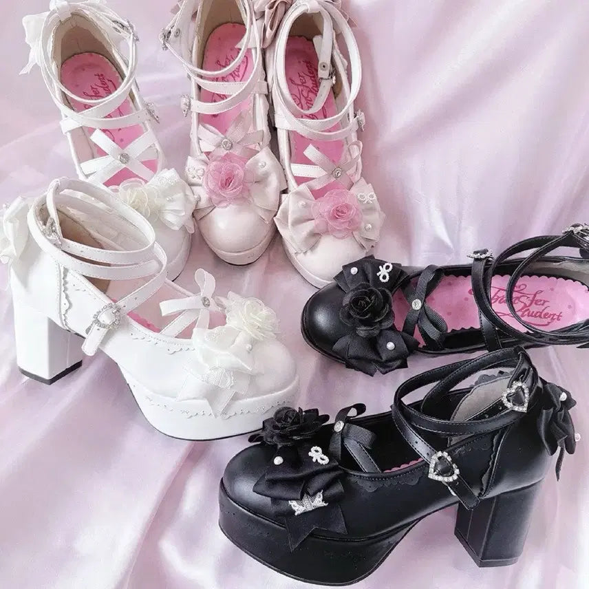 [BUNJANG] Lolita Rose Ribbon Platform High Heels (3 Colors) / 전학생 로리타 장미 리본 플랫폼 하이힐 여성 데일리 코디 신발(3컬러)