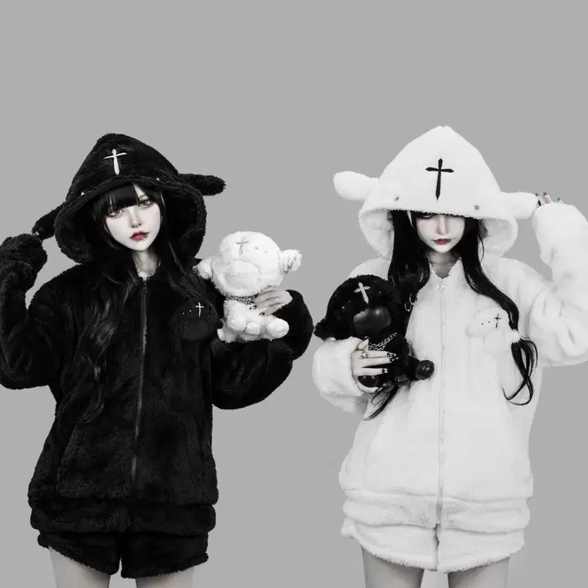 [BUNJANG] Dimmoire Mocomoco Fleece Hoodie &amp; Shorts Set / 딤모아르 dimmoire 모코모코 룸웨어 후드 후리스 셋업 퍼파카 지뢰계