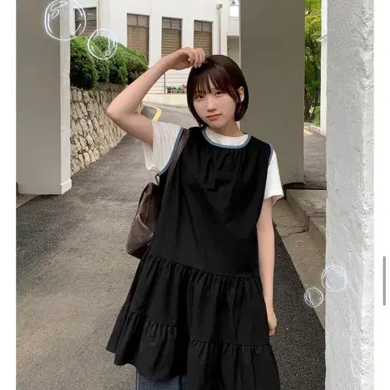 [BUNJANG] Layered Dot Sleeveless Dress Black / 바온 레이어드 도트 배색 나시 원피스 블랙