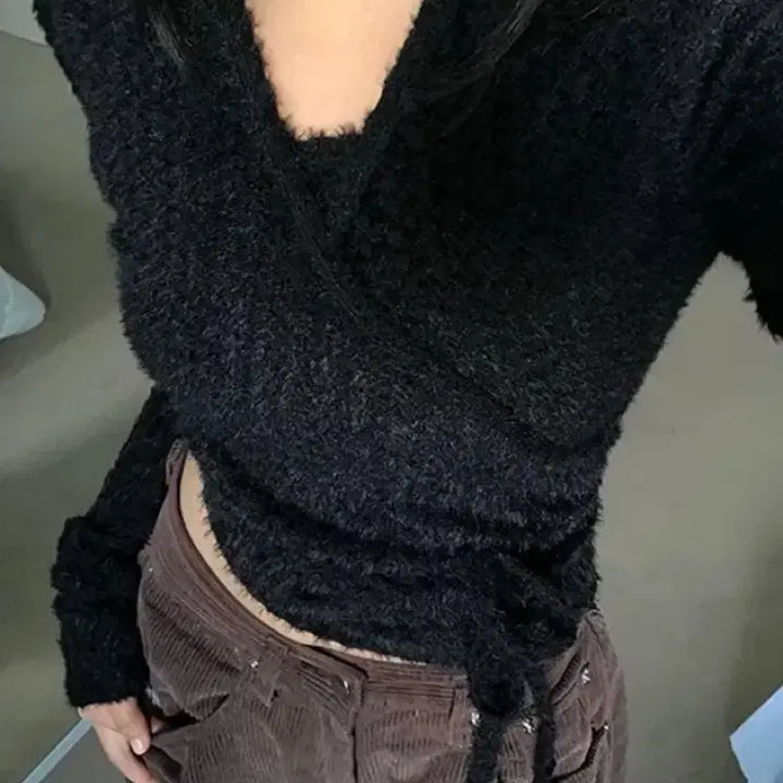 [BUNJANG] Ably Embossed Wrap Tank Top and Knit Cardigan - Black / 에이블리 엠보 랩 나시 니트가디건_ 블랙