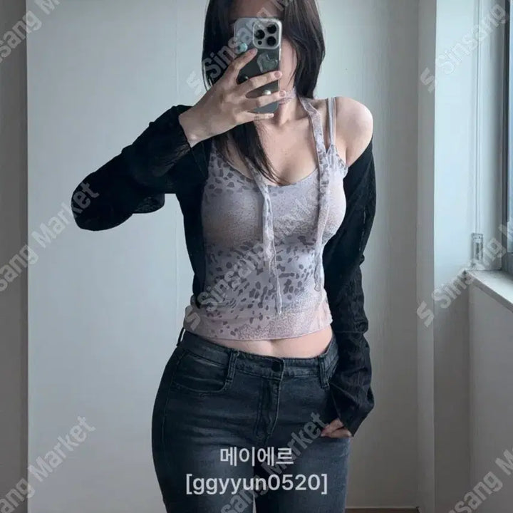 [BUNJANG] Leopard Print Mesh Sleeveless Top with V-Neck Scarf Set / 호피 매쉬 나시) 시스루 브이넥 머플러 힙