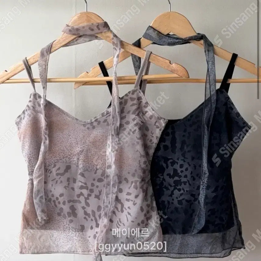 [BUNJANG] Leopard Print Mesh Sleeveless Top with V-Neck Scarf Set / 호피 매쉬 나시) 시스루 브이넥 머플러 힙