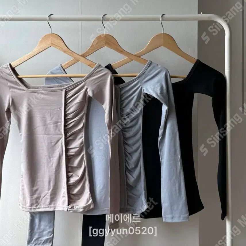 [BUNJANG] Colorblock Shirred Rayon T-shirt / 배색 셔링t ) 긴팔 레이온 티셔츠