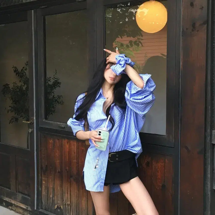 [BUNJANG] Flip Sof Over Shirt Scrunchie Set Shirt Dress Blue Basic / 플립 소프 오버 셔츠 스크런치 세트 셔츠원피스 블루 여리 박시 베이직