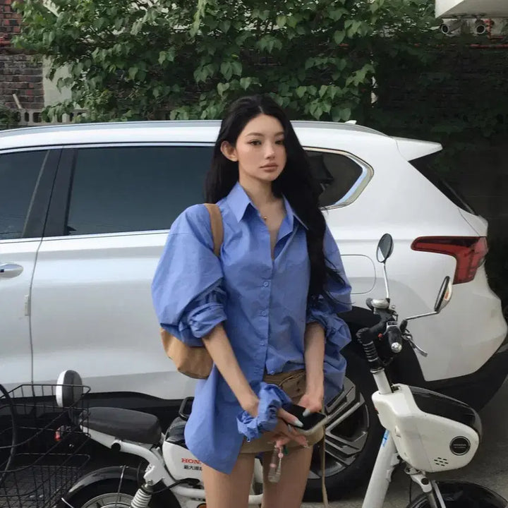 [BUNJANG] Flip Sof Over Shirt Scrunchie Set Shirt Dress Blue Basic / 플립 소프 오버 셔츠 스크런치 세트 셔츠원피스 블루 여리 박시 베이직