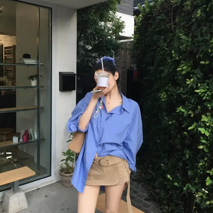 [BUNJANG] Flip Sof Over Shirt Scrunchie Set Shirt Dress Blue Basic / 플립 소프 오버 셔츠 스크런치 세트 셔츠원피스 블루 여리 박시 베이직