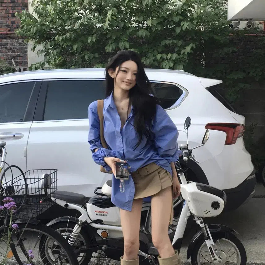 [BUNJANG] Flip Sof Over Shirt Scrunchie Set Shirt Dress Blue Basic / 플립 소프 오버 셔츠 스크런치 세트 셔츠원피스 블루 여리 박시 베이직