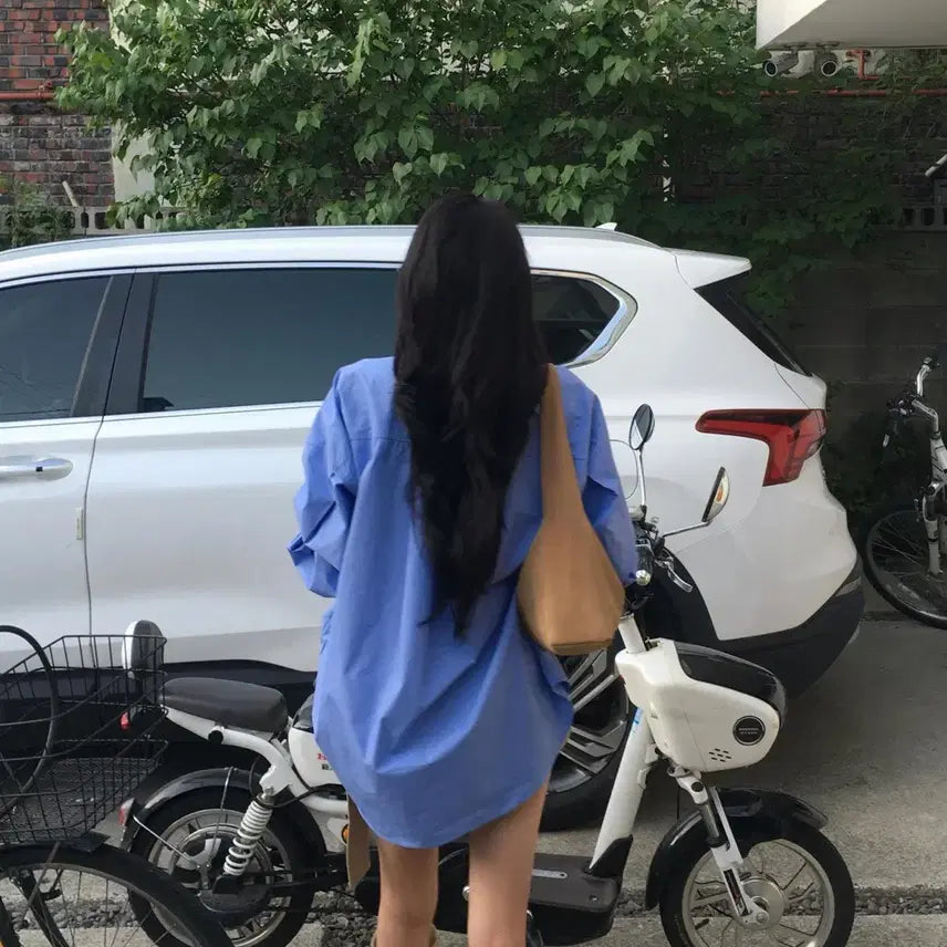 [BUNJANG] Flip Sof Over Shirt Scrunchie Set Shirt Dress Blue Basic / 플립 소프 오버 셔츠 스크런치 세트 셔츠원피스 블루 여리 박시 베이직