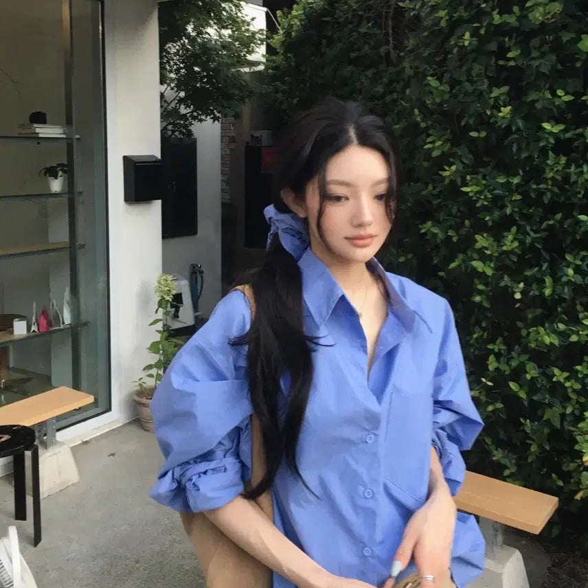 [BUNJANG] Flip Sof Over Shirt Scrunchie Set Shirt Dress Blue Basic / 플립 소프 오버 셔츠 스크런치 세트 셔츠원피스 블루 여리 박시 베이직