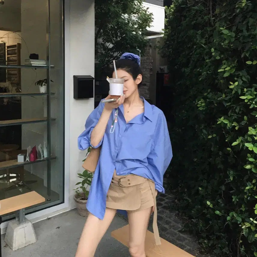 [BUNJANG] Flip Sof Over Shirt Scrunchie Set Shirt Dress Blue Basic / 플립 소프 오버 셔츠 스크런치 세트 셔츠원피스 블루 여리 박시 베이직