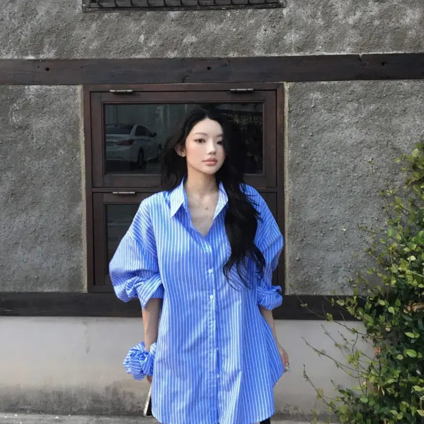 [BUNJANG] Flip Sof Over Shirt Scrunchie Set Shirt Dress Blue Basic / 플립 소프 오버 셔츠 스크런치 세트 셔츠원피스 블루 여리 박시 베이직